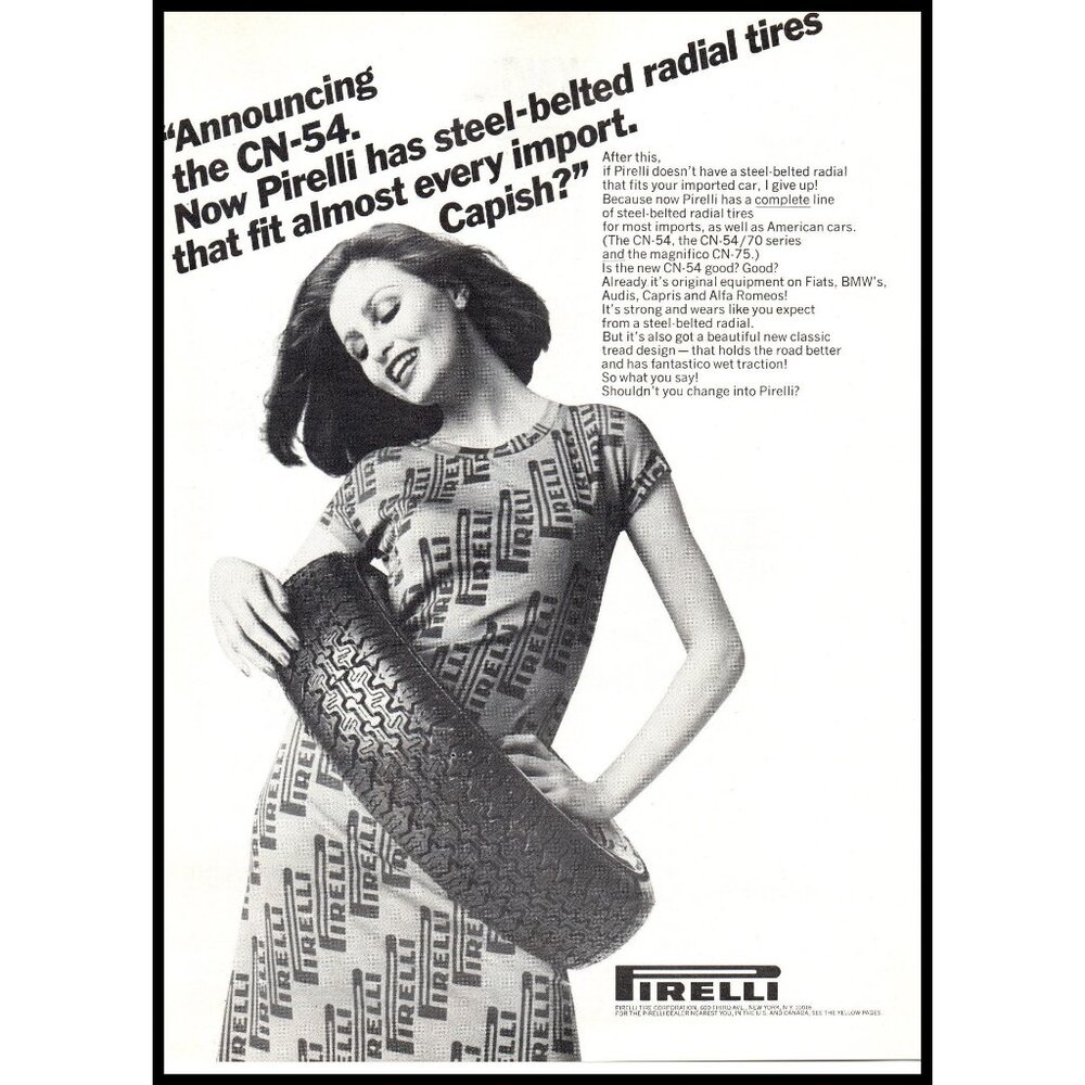 1974 Pirelli Tires Vintage Print Ad Mini Dress Hula Hoop Brunette Wall Art